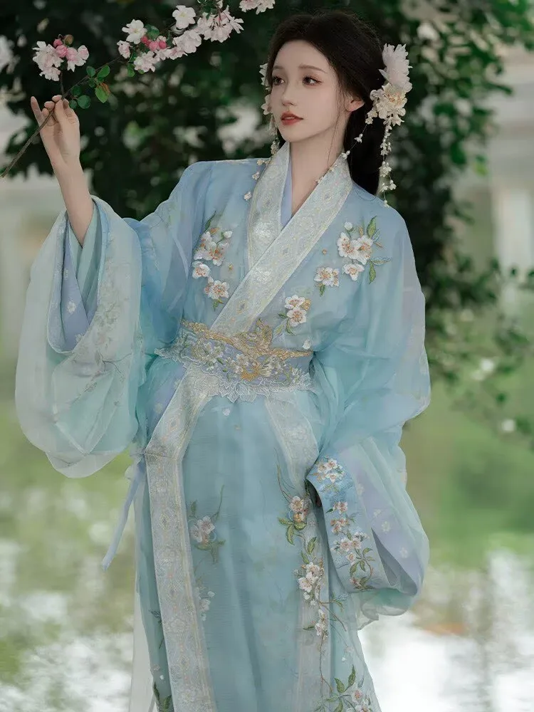 

Hanfu Women Traditional Chinese Costume Oriental Outfit Light Blue Floral Embroidered Wide Sleeve Chiffon Hanfu Robe for Party