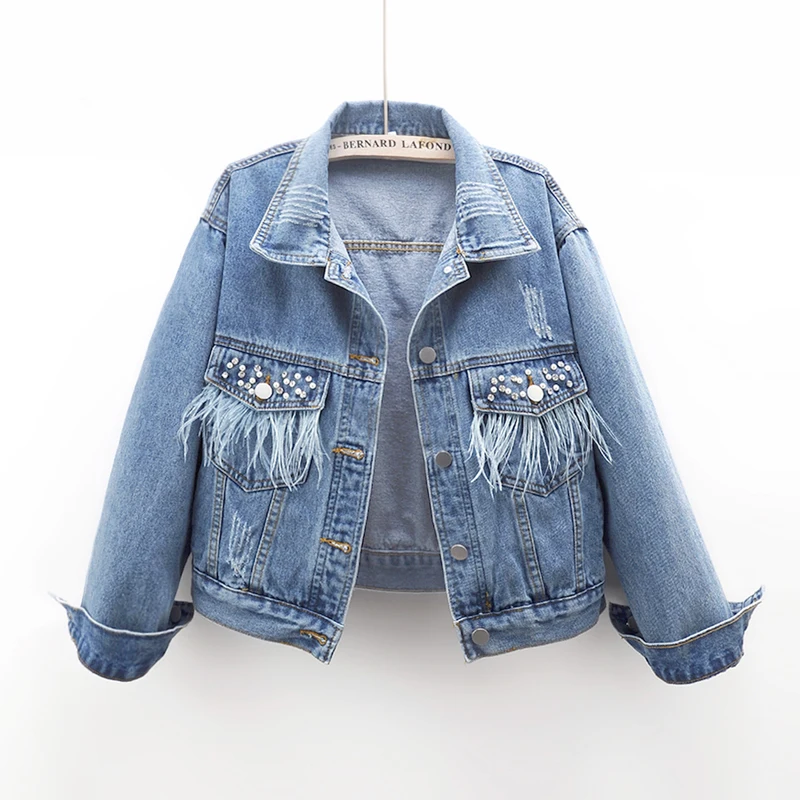 

Spring Autumn Vintage Beading Frayed Feather Pocket Jacquard Denim Jacket Women Loose Short Cowboy Outerwear Jeans Jacket Female