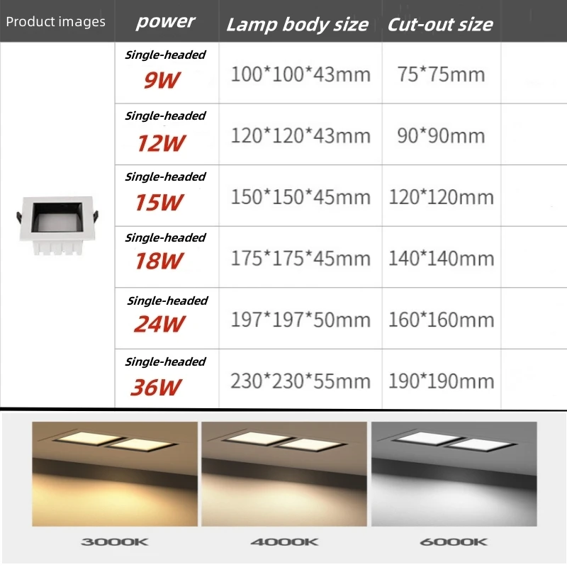 Imagem -02 - Painel Led Regulável Embutido Led Downlight9w 12w 18w 24w 36w Quadrado Led Luz de Teto Ac110v 220v Pcs