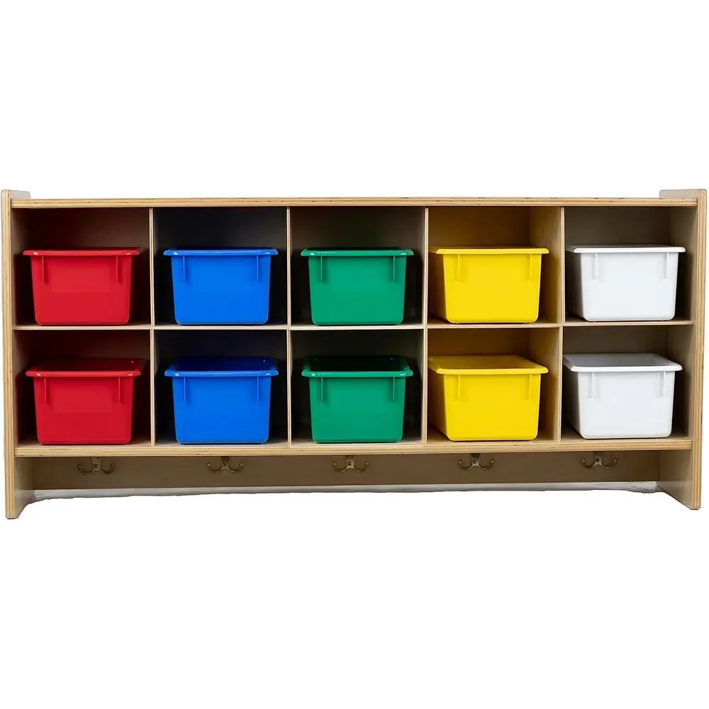 

10-Section Wall-Mounted Storage Cabinet with Cubby Shelves, Assorted Trays, and Hooks for Daycare, Home, or Montessori Classroom