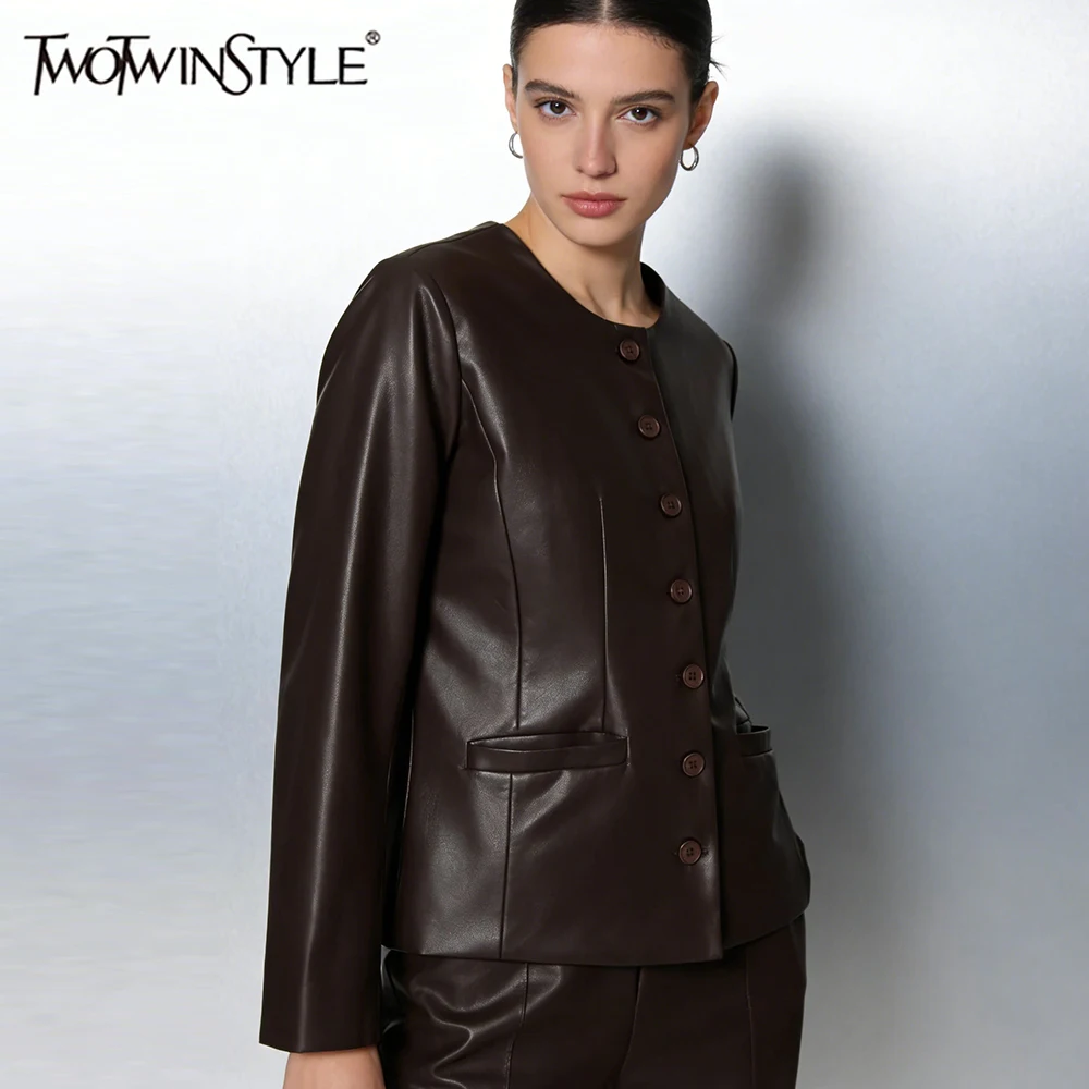 

TWOTWINSTYLE Solid Slimming Minimalist Leather Jackets for Women Round Neck Long Sleeves Patchwork Buttons Fashion Jacket Female