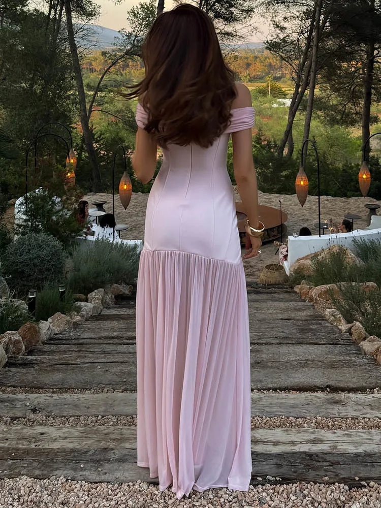 Mozision Off-shoulder Backless seksowna sukienka Maxi kobiety metalowy kwiat różowy Patchwork bez rękawów Ruched plisowana klubowa sukienka na imprezę 2025