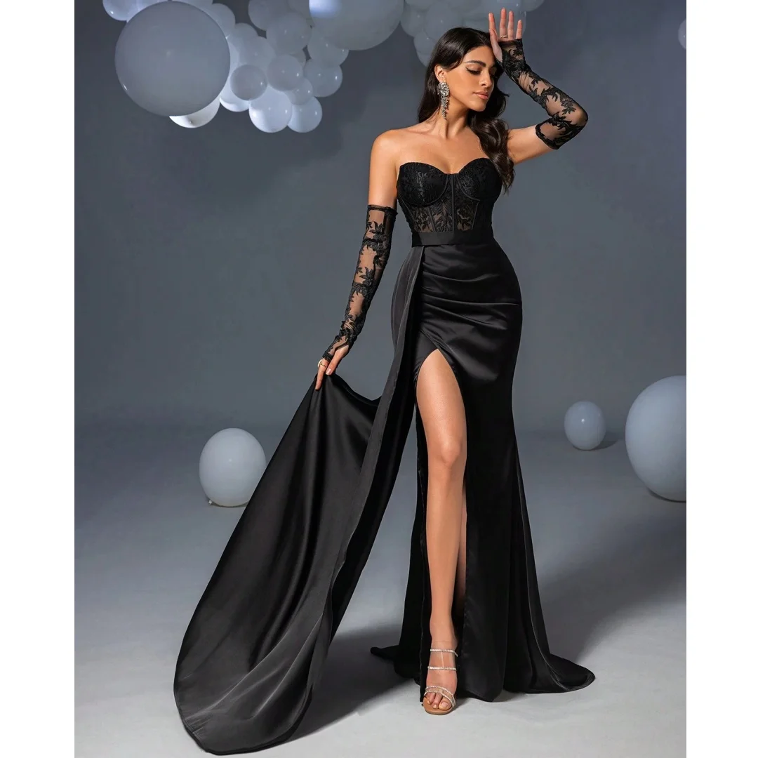 

Black Lace Bodice Evening Dresses with Slit Woman Satin vestidos de noche Elegant Prom Dress Graduation Party Gowns Customized