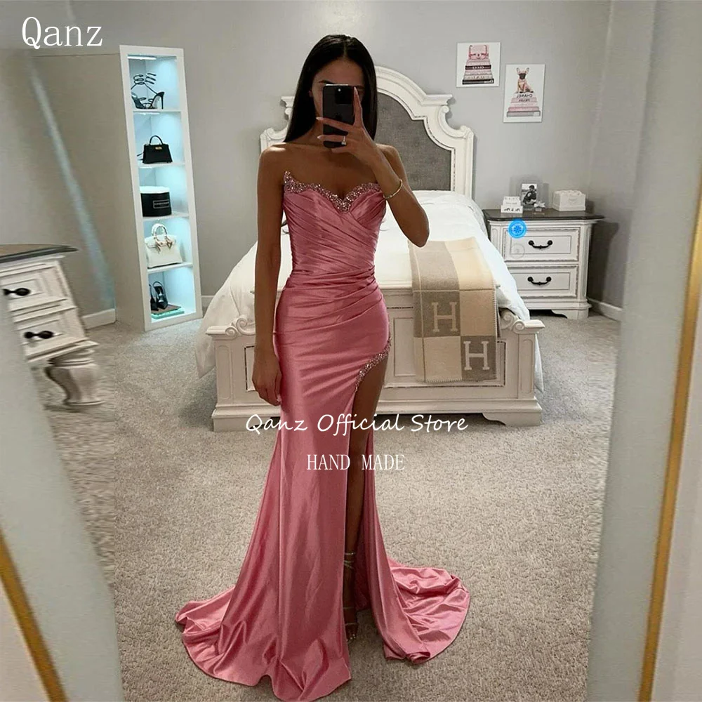 

Qanz Sexy Satin Evening Dresses Sweetheart Glitter High Side Slit Prom Dresses Lace Up Back Vestidos De Gala Customized