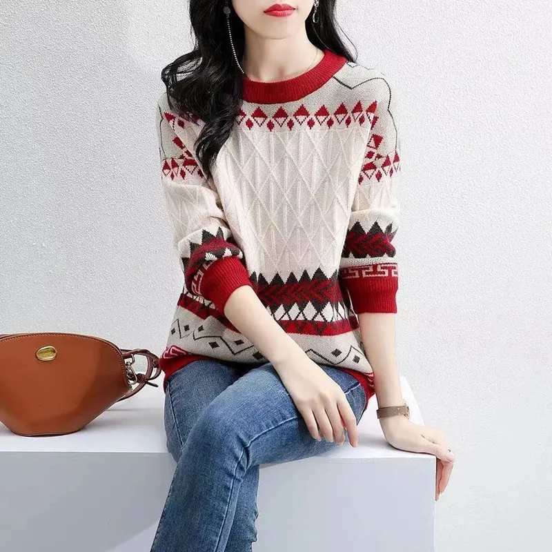 Women's Sweater Round Neck Korean Pullovers Graphic Yellow Fashion Loose Knit Tops 2024 Autumn Winter Clothes Roupas Feminina