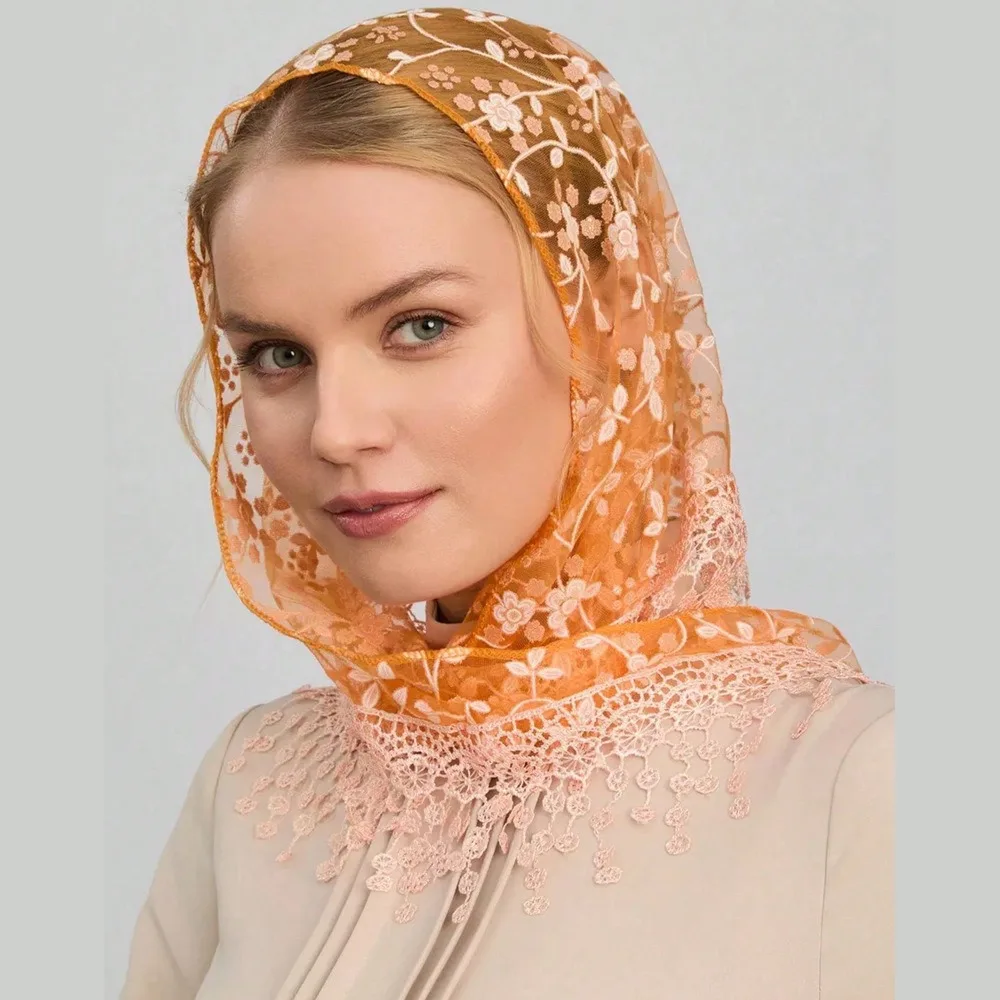 Simple Floral Printed Lace Triangle Scarf Embroidered Transparent Veil Headband Breathable Wraps Lace Head Scarf Women