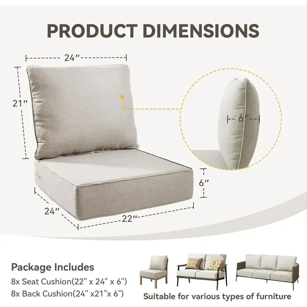 6 Thick UV & Water Resistant Outdoor Cushion Set - 22x24 Inch Patio Furniture Covers, 8-Pack Beige
