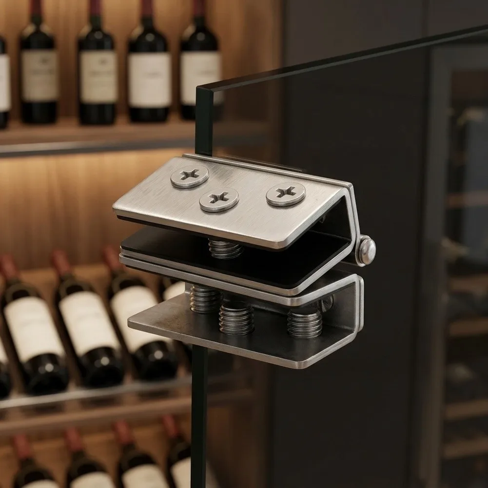 180° Stainless Steel Glass Clamp Hinge No Drill Cabinet Door Fitting For Wine Display Case Tempered Glass Furniture Hardware