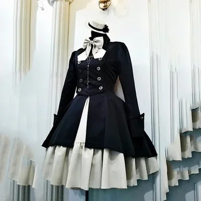 Casaco retrô gótico medieval Lolita preto, Laço para cima, arco de corrente, mangas compridas, plissado, vestido clássico Lolita, fantasia Cosplay Halloween