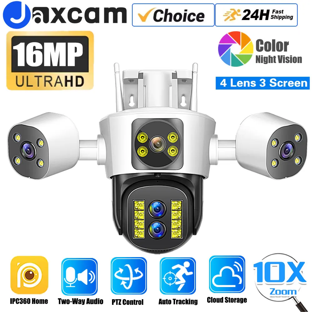 8K 16MP WiFi Camera Four Lens Three Screen 10X Zoom Outdoor CCTV Security Protection Auto Tracking Video Surveillance IPC360Home