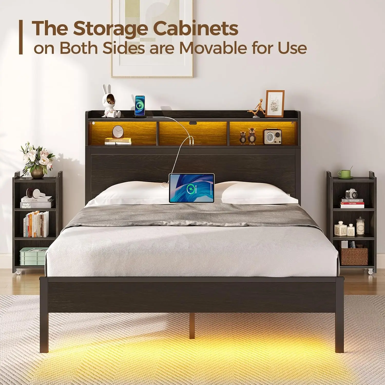 Bed Frame Queen Size with Bookcase Storage Headboard, Slide Out Bedside Storage, Bed with Charging Station & LED Lights