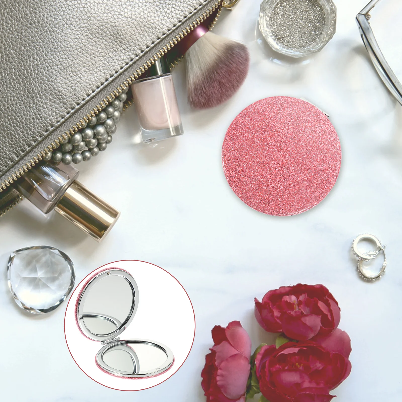 2 個のコンパクト化粧鏡ポータブル小型旅行ポケットミラーグリッター PU 軽量女性屋外使用用