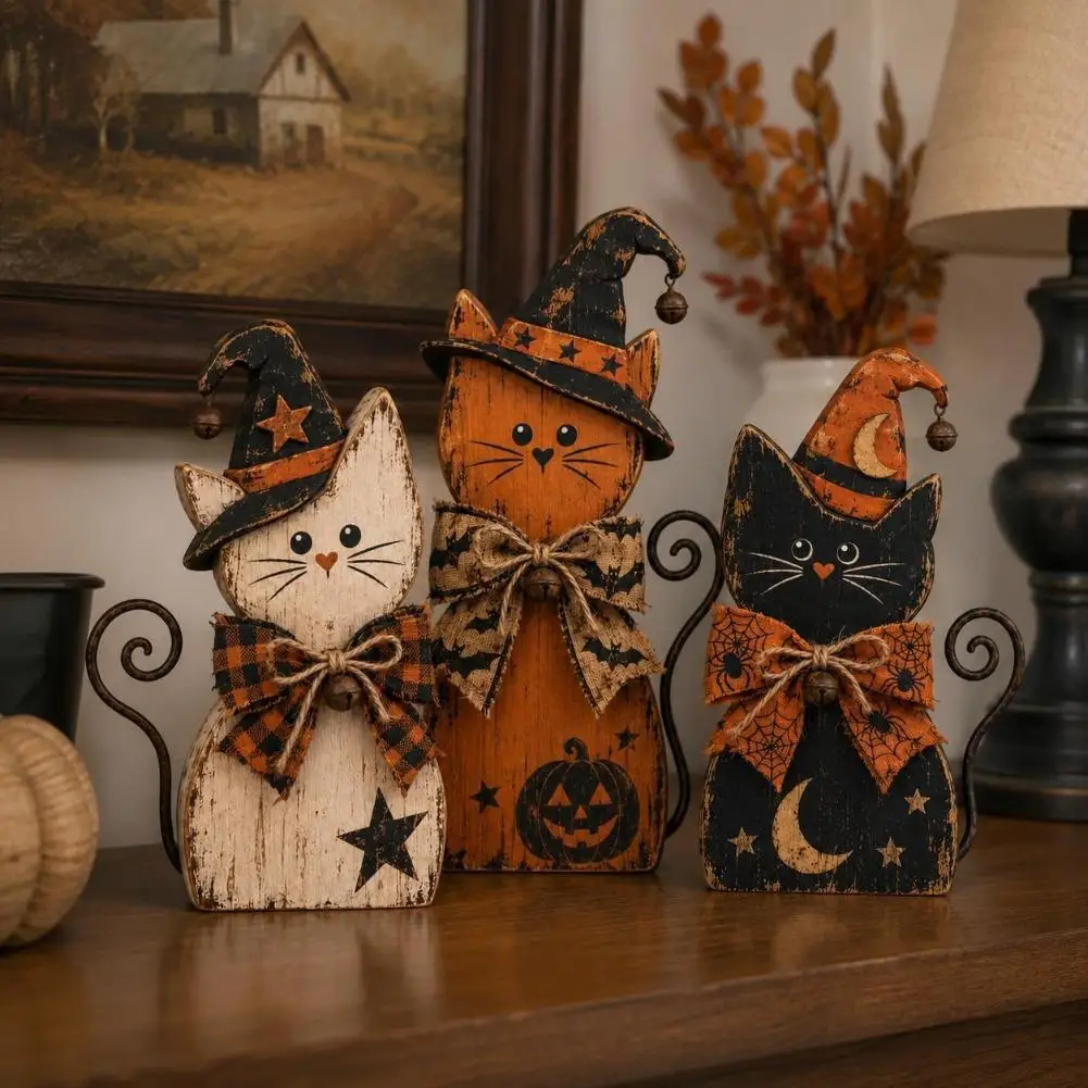Vintage Halloween Witch Cat Decor Set Resin Figurine Witch Cat Generic Vintage Halloween Witch Cat Decor Set Retro Black Cat Orn