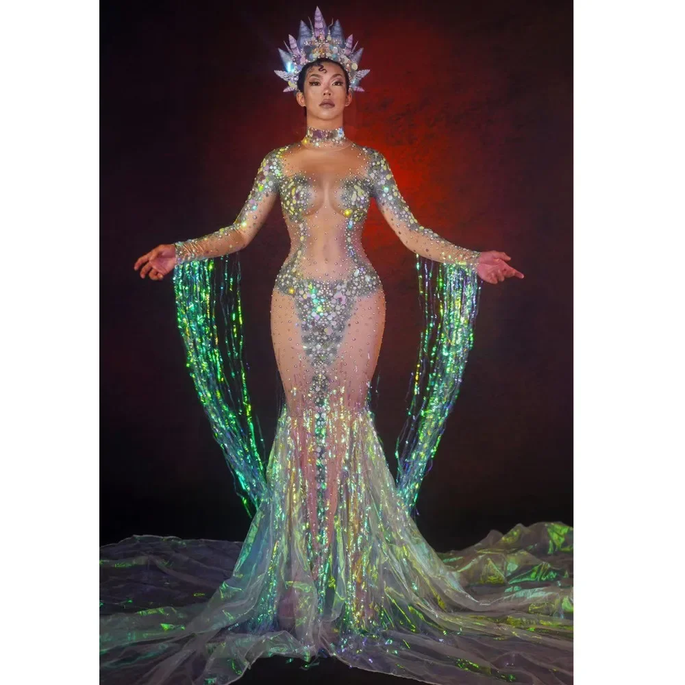 Women Festival Rave Role Playing Costume Glitter Scale Sequins Fringes Floor Length Mermaid Dress Bar Concert Singer Stage Wear