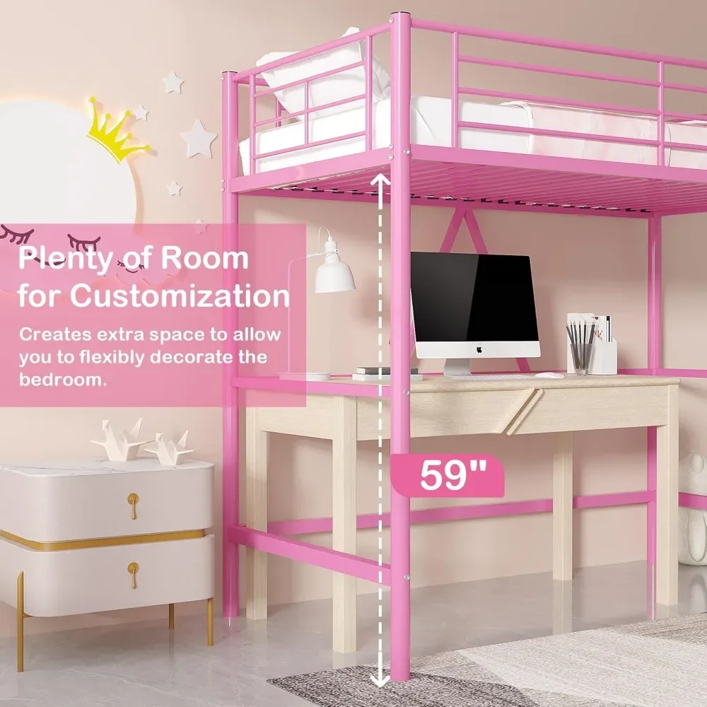 Metal Loft Bed Twin Size,with Removable Ladder and Safety Guardrail, Space-Saving, Noise Free Heavy Duty Bedframe