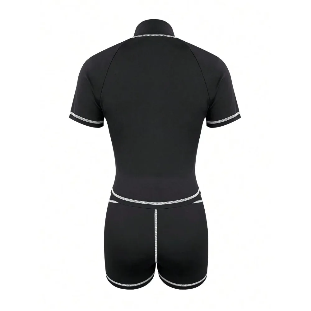 FLARORA แฟชั่นลายแพทช์เวิร์ค 2 ชิ้นชุดผู้หญิงคอกลมแขนสั้นซิปแจ็คเก็ตและกางเกงขาสั้นชุดฤดูร้อนสตรีทแทรคสูท