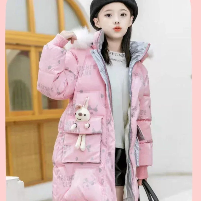 

2024 New Cotton Jacket for Kids Girls Winter Coat Warm Hooded Outerwear Detachable Hat Lining with Plush Collar Heavy Parkas