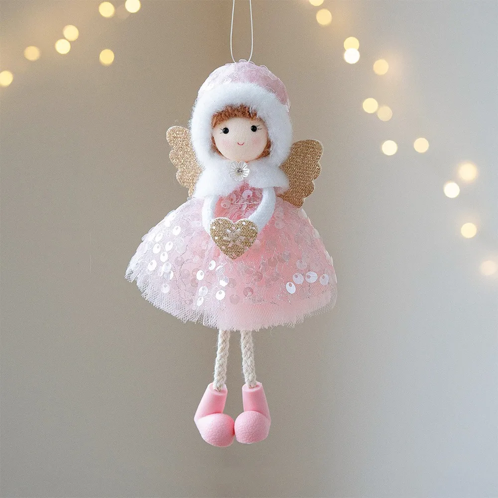 

Cute Christmas Girl Pendant Tulle Dress Plush Girl Hanging Ornament Shiny Golden Wings White Mesh Christmas Tree Decorations