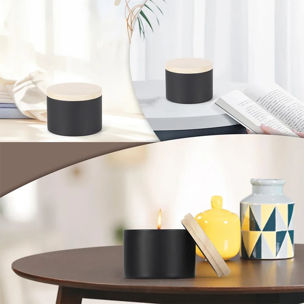 12PCS 4/8oz Black Can with Wood Grain Lids Reusable Refillable Jars Candle Making Tins Candle Containers Candy Storage Cans