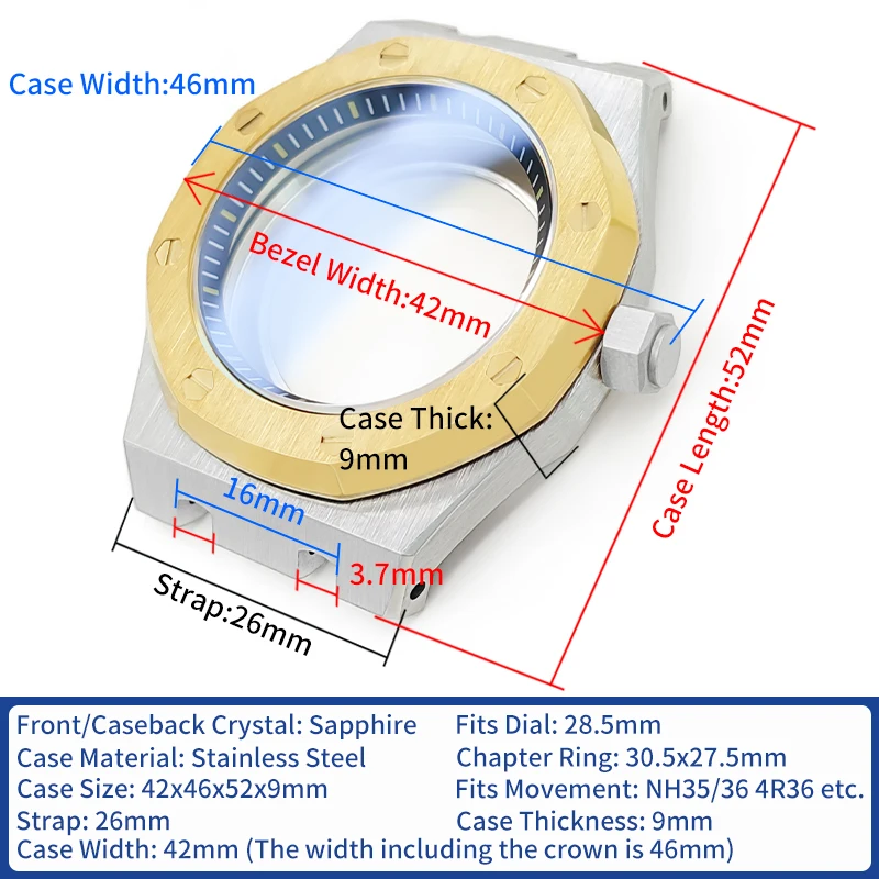 AP Watches Case Polished Steel Finish Gold/Silver For NH35 NH36 4R36 Crown At 3 O’Clock Cases MOD Watch Replacement Accessorie
