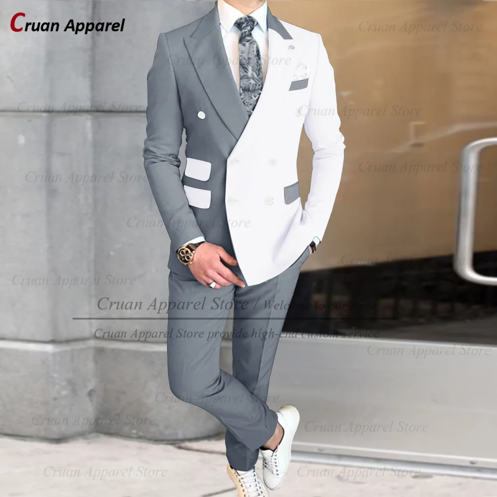 White Splicing Suit Sets For Men Formal Banquet Classic Double Breasted Blazer Pants 2 Pieces Evening Prom Elegant Male Outfits