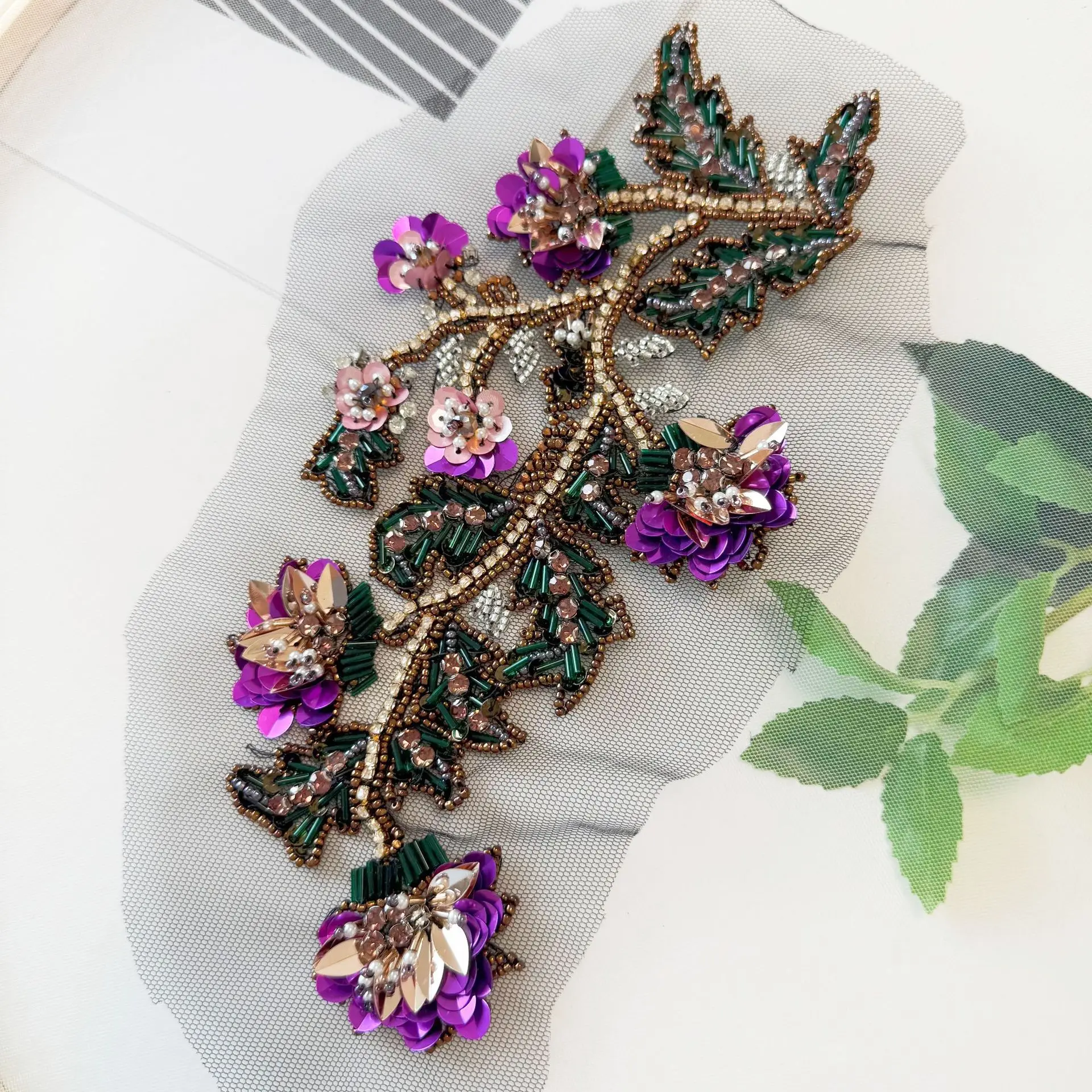 

Hand Beaded Rhinestone Applique Jewelry Hand Sewn 3D Sequin Bead Purple Petal DIY Decoration Trim