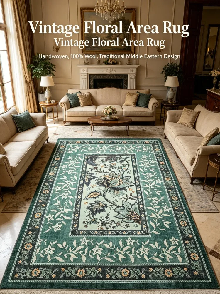 Vintage Persian Floral Area Rug, Luxury Green Boho Carpet, Non-Slip Washable for Villa Living Room Decor