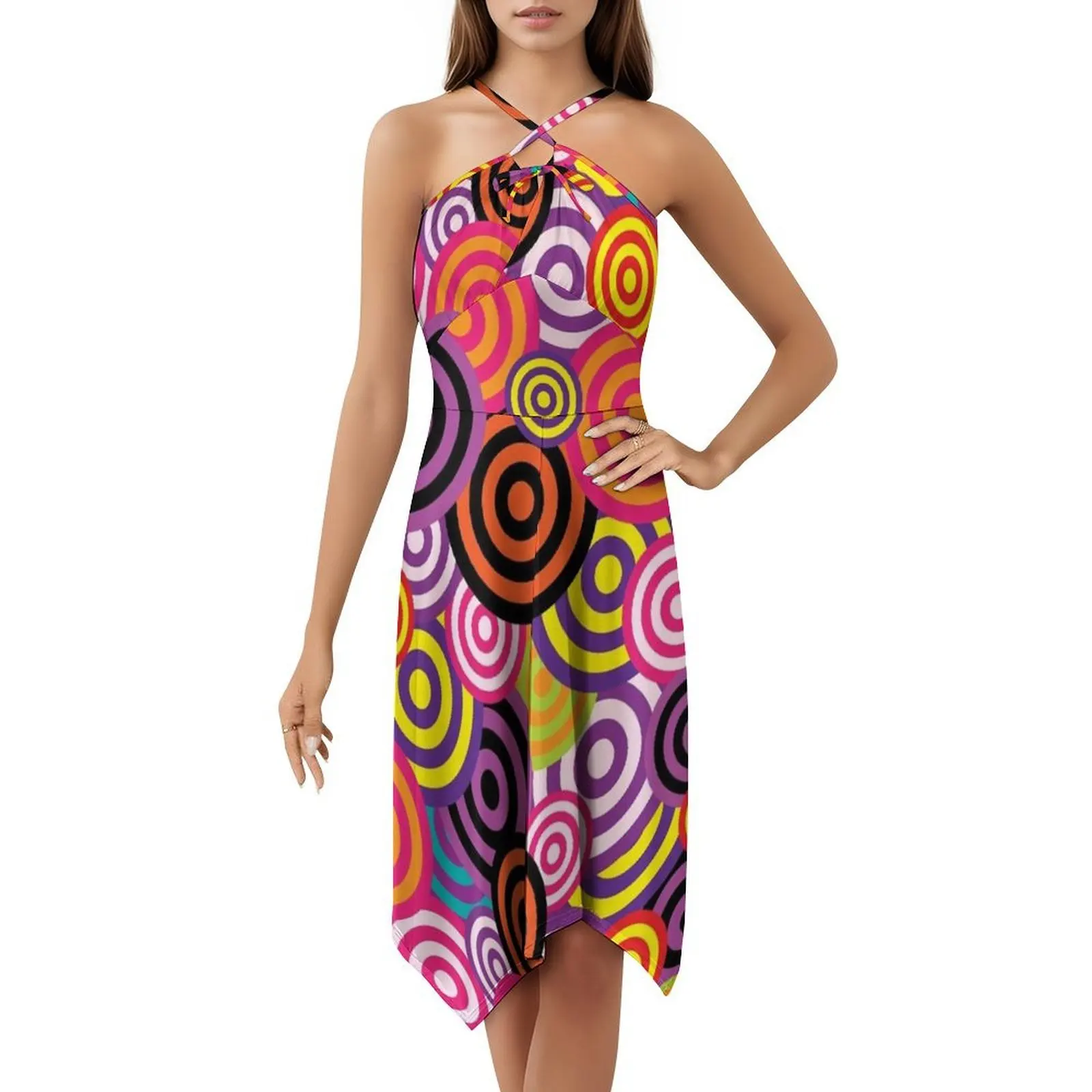 

Сексуальное платье для отпуска с разноцветным узором в виде кругов для женщин, мини-платье для пляжной вечеринки, дня рождения, оранжево-желтые круги в форме сердца