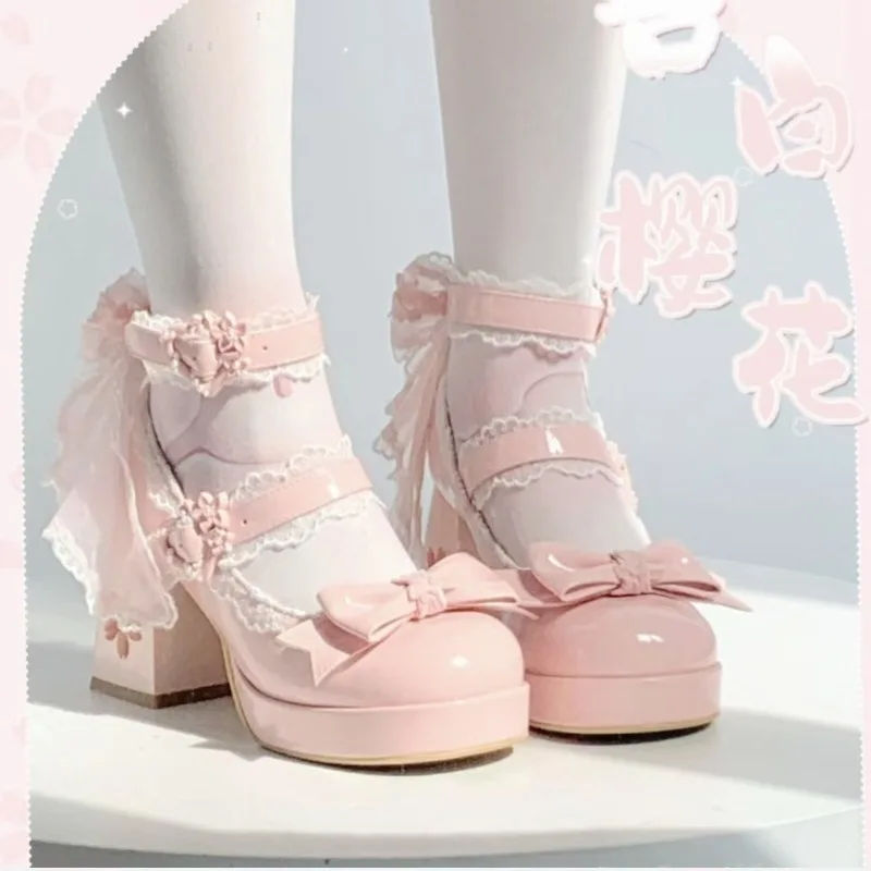 

Розовые милые женские туфли на высоком каблуке 2025 года, высокое качество, грубый каблук, круглая голова, платье Мэри Джейн с узлом-бабочкой, вечерние женские туфли на высоком каблуке