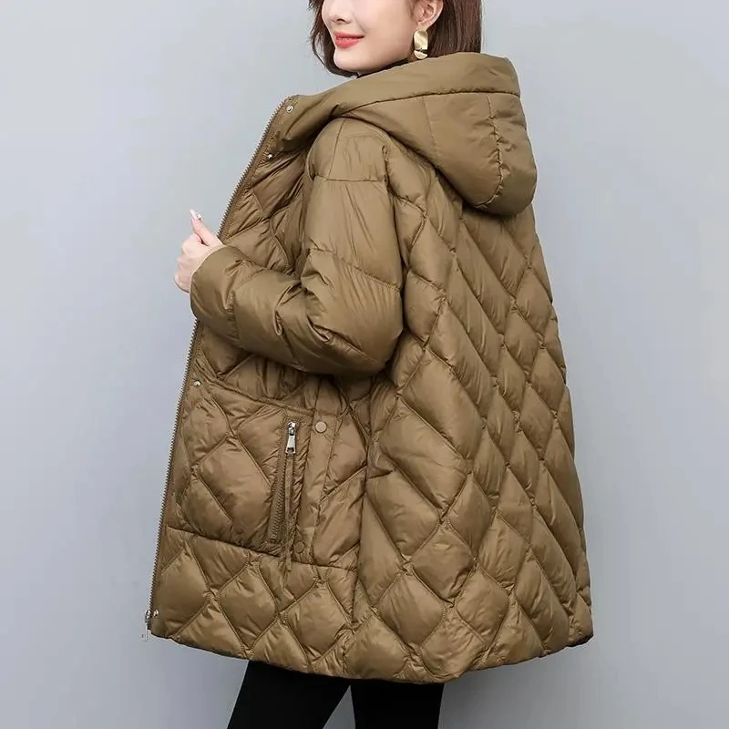 90 Biała kurtka puchowa z kapturem damska 2024 Winter New Fashion Ciepły puchowy płaszcz damski Gruby parker Czarny Casualowy długi płaszcz