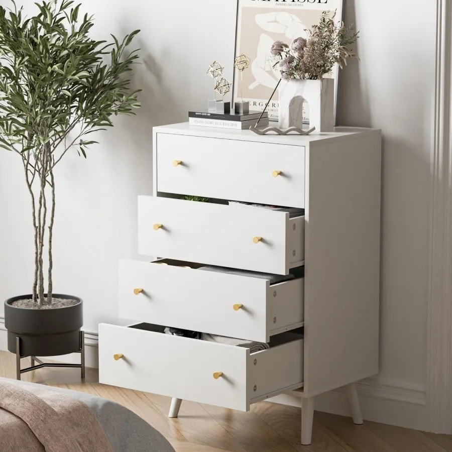 خزانة ملابس بيضاء حديثة بمقابض ذهبية لغرفة النوم، خزانة ذات أدراج ذات 4 أدراج مثالية لتخزين غرفة النوم وتنظيم أنيق #3