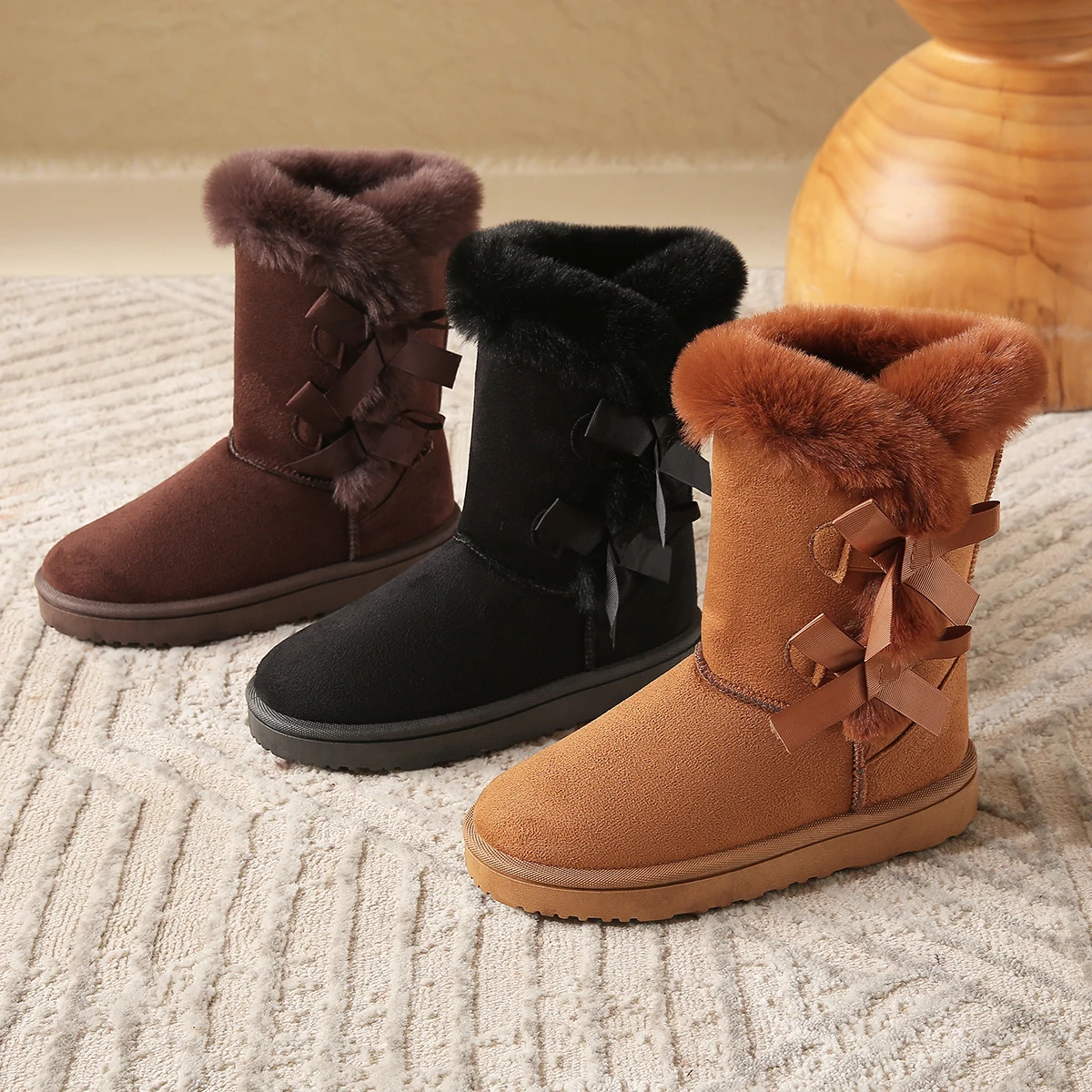 Winter Mid-calf Boots Thick Plush Thick Sole Non-slip Fashion Solid Color Button New Women Boots Classic Retro Brown Long Boots