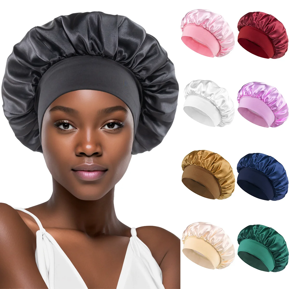 

New Women's Satin Solid Wide-brimmed Sleeping Hat Unisex Head Wrap Elastic Band Cap Hair Care Bonnet Night Hat bonnet de nuit