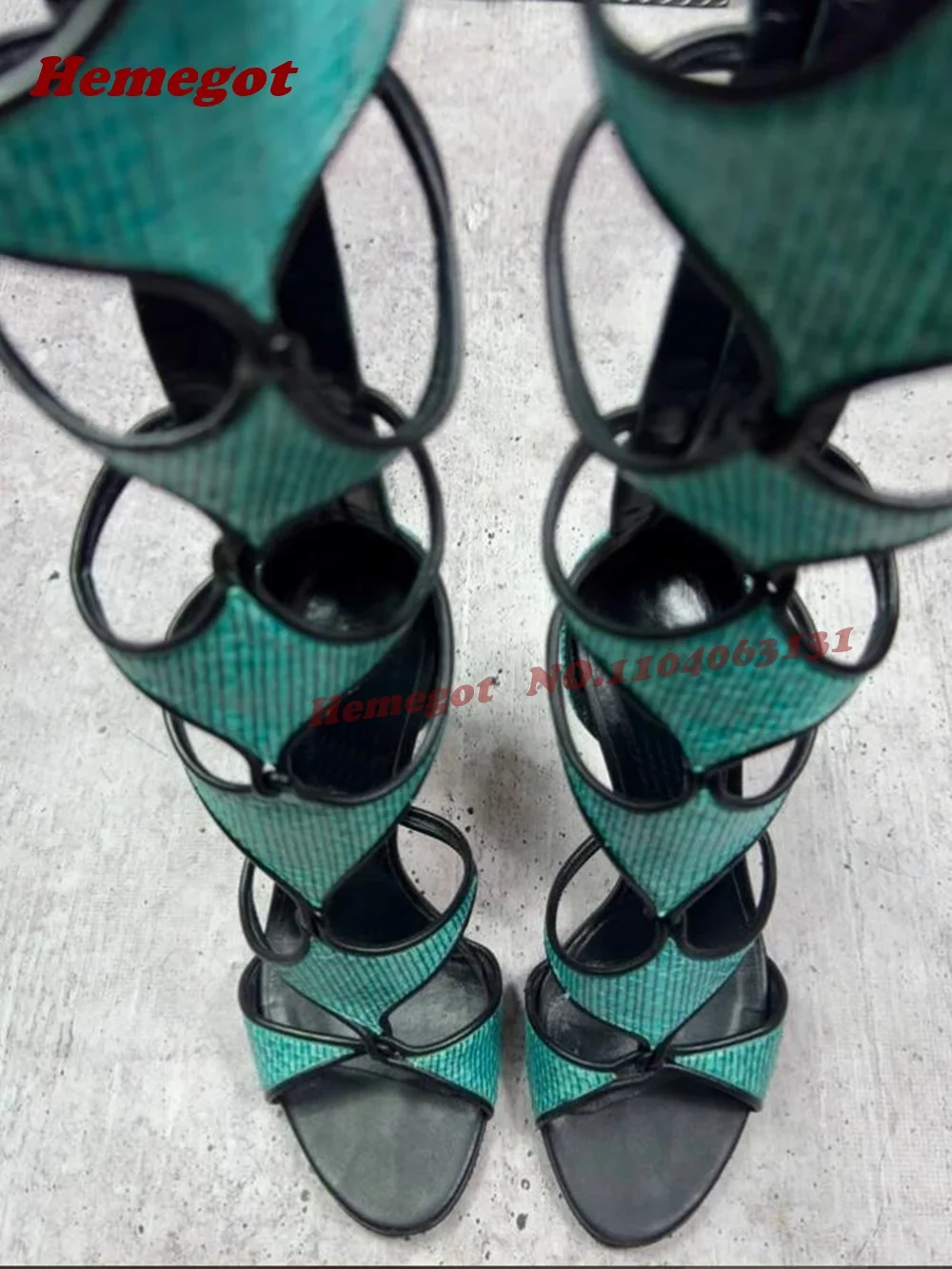 Turquoise Lizard Print Gladiator Heels Hollow Out Stiletto Heels Women's Sandals Patchwork Summer Runway Shoes Concise Elegant view 2
