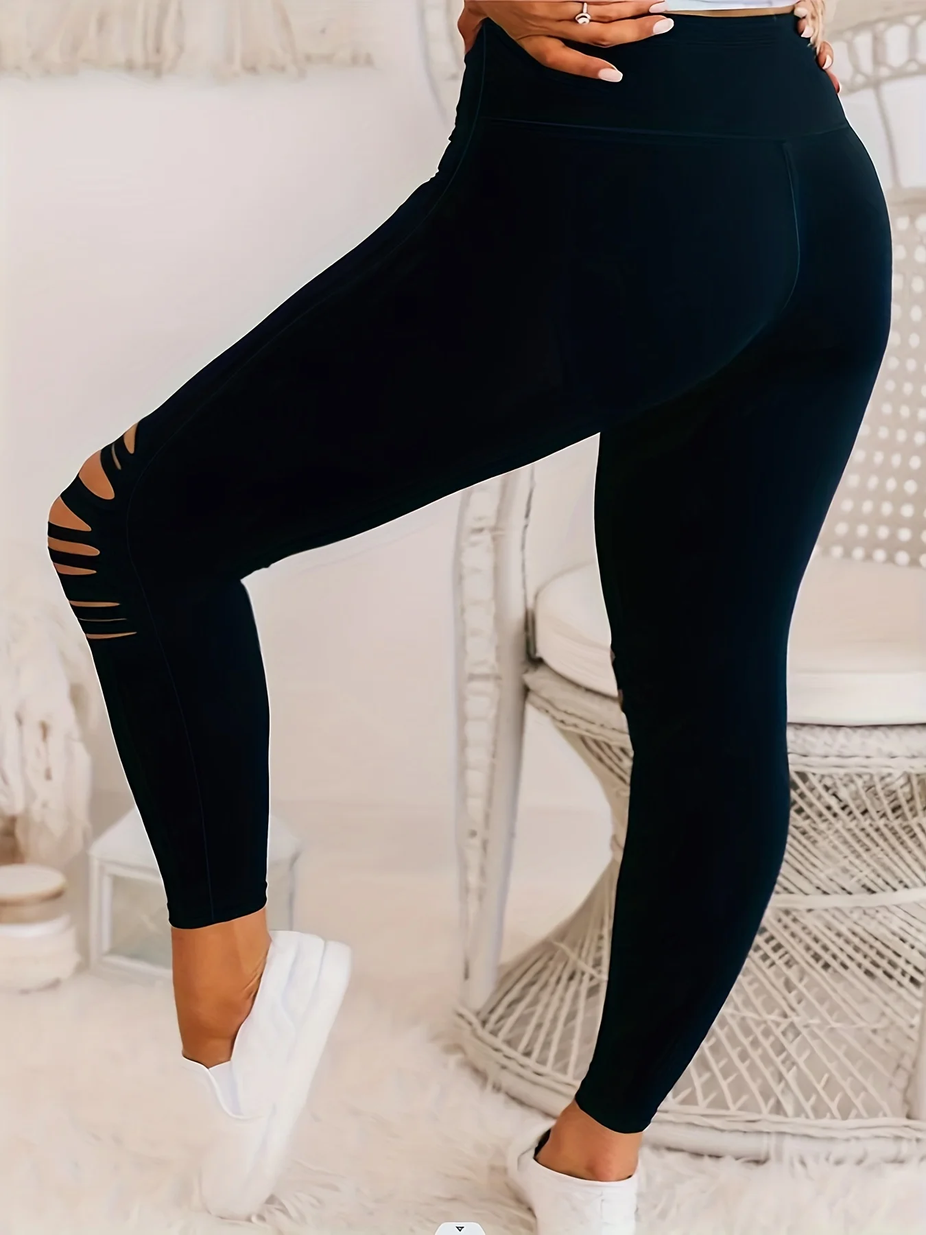 Plus Size Fashion Skinny Women\'s Ripped High Elastic Leggings