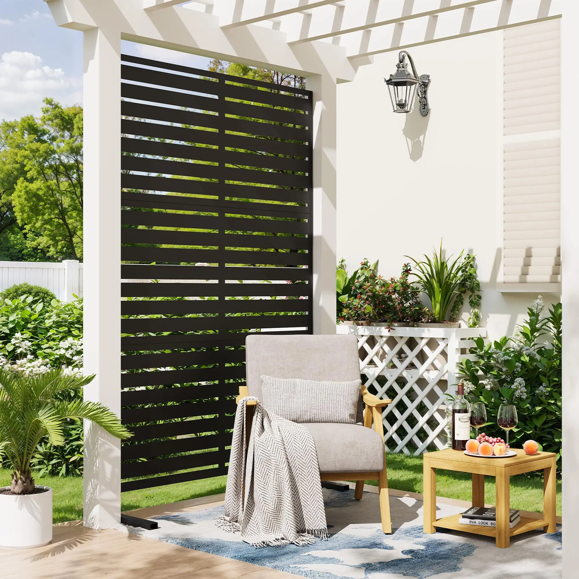 72 x 47 Outdoor Metal Privacy Screen 6FT Freestanding Decorative Fence Panel With Stand For Patio Garden Balcony Deck Yard Black view 2