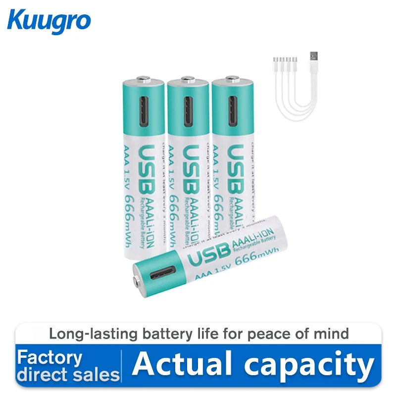 kuugro USB 1.5V AAA Rechargeable Lithium ion Batteries 666mWh 1.5V aaa Li-ion Battery