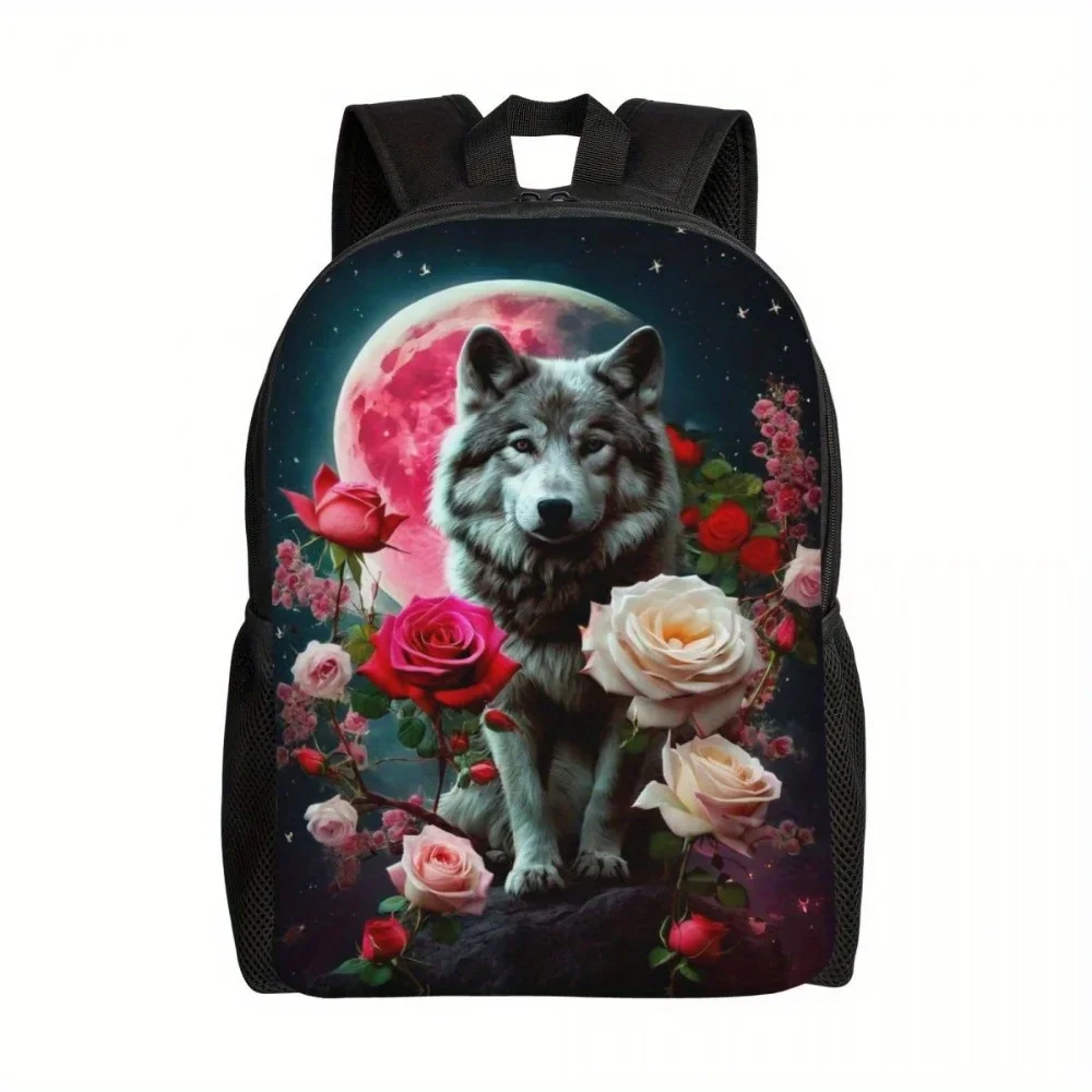 Romantic Flower Wolf Printing Casual Backpack, Large Capacity Men's and Women's Travel Backpack, Lightweight Laptop Shoulder Bag