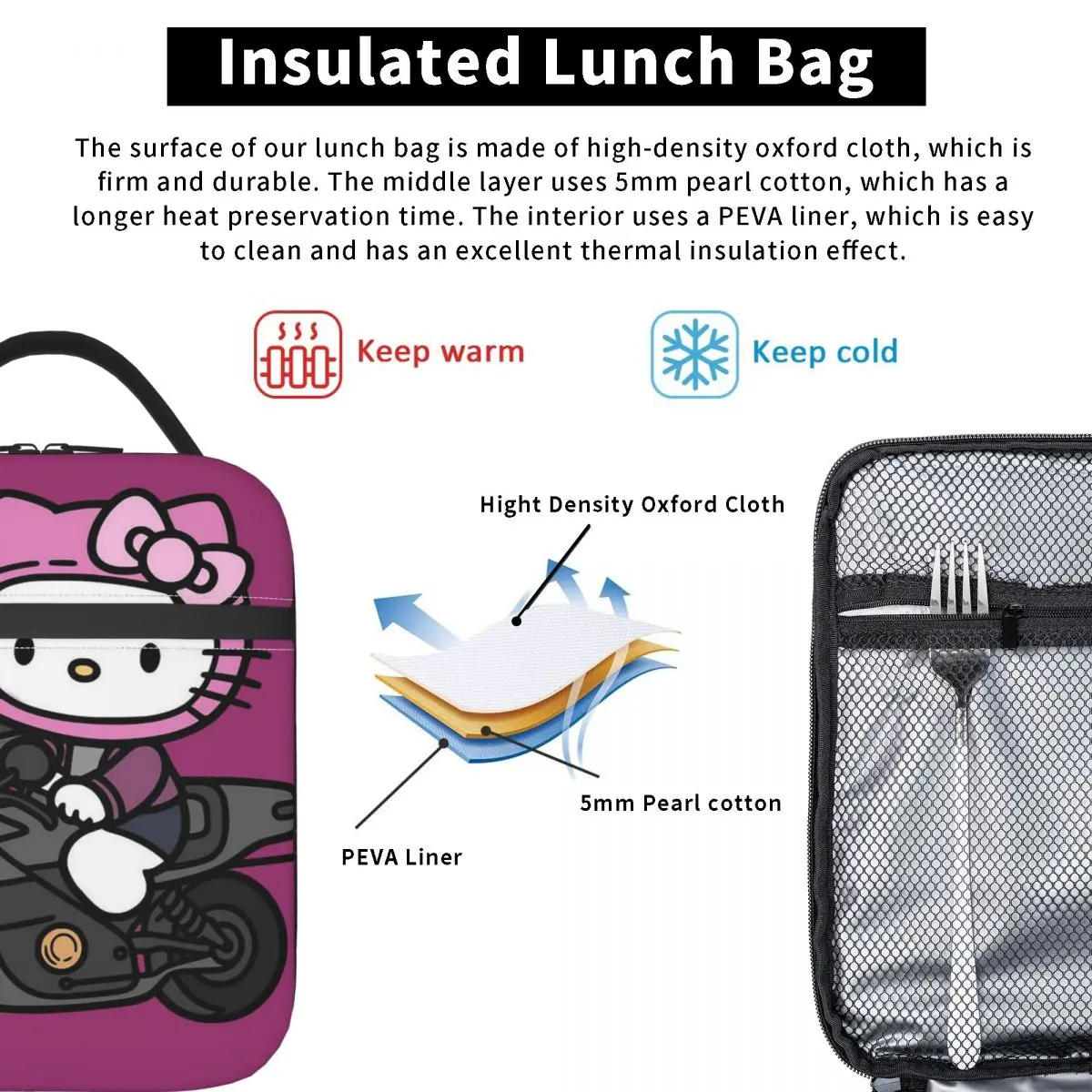 حقيبة غداء معزولة برسوم كرتونية لركوب الدراجات من Hello Kitty للنساء والأطفال، صناديق طعام محمولة، حقيبة غداء حرارية