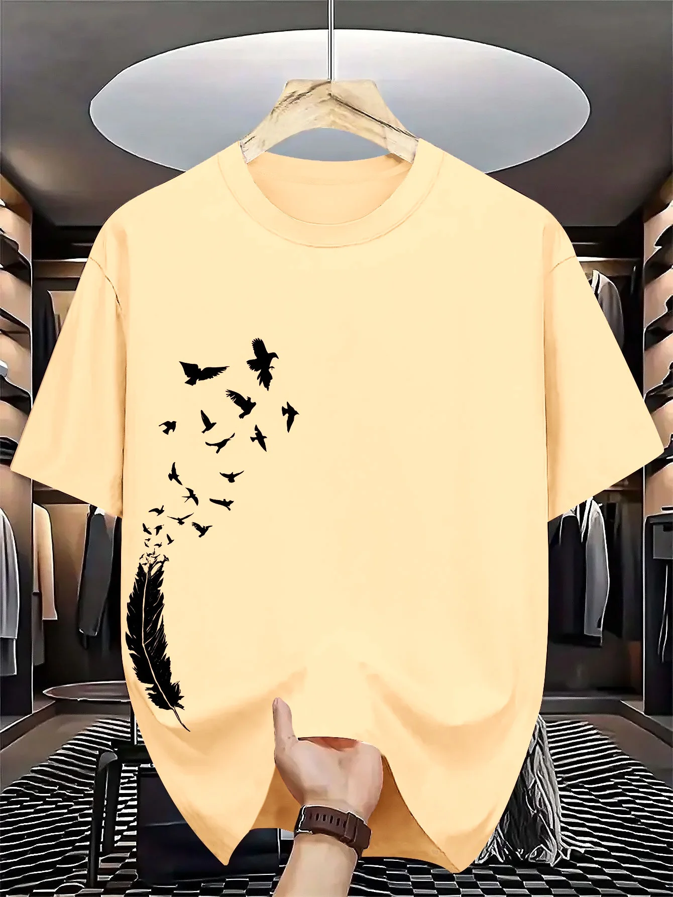 Men's  Summer Casual Loose Fashion Bird Creative Pattern Printed Round Neck T-shirt Versatile Quick Dry Top