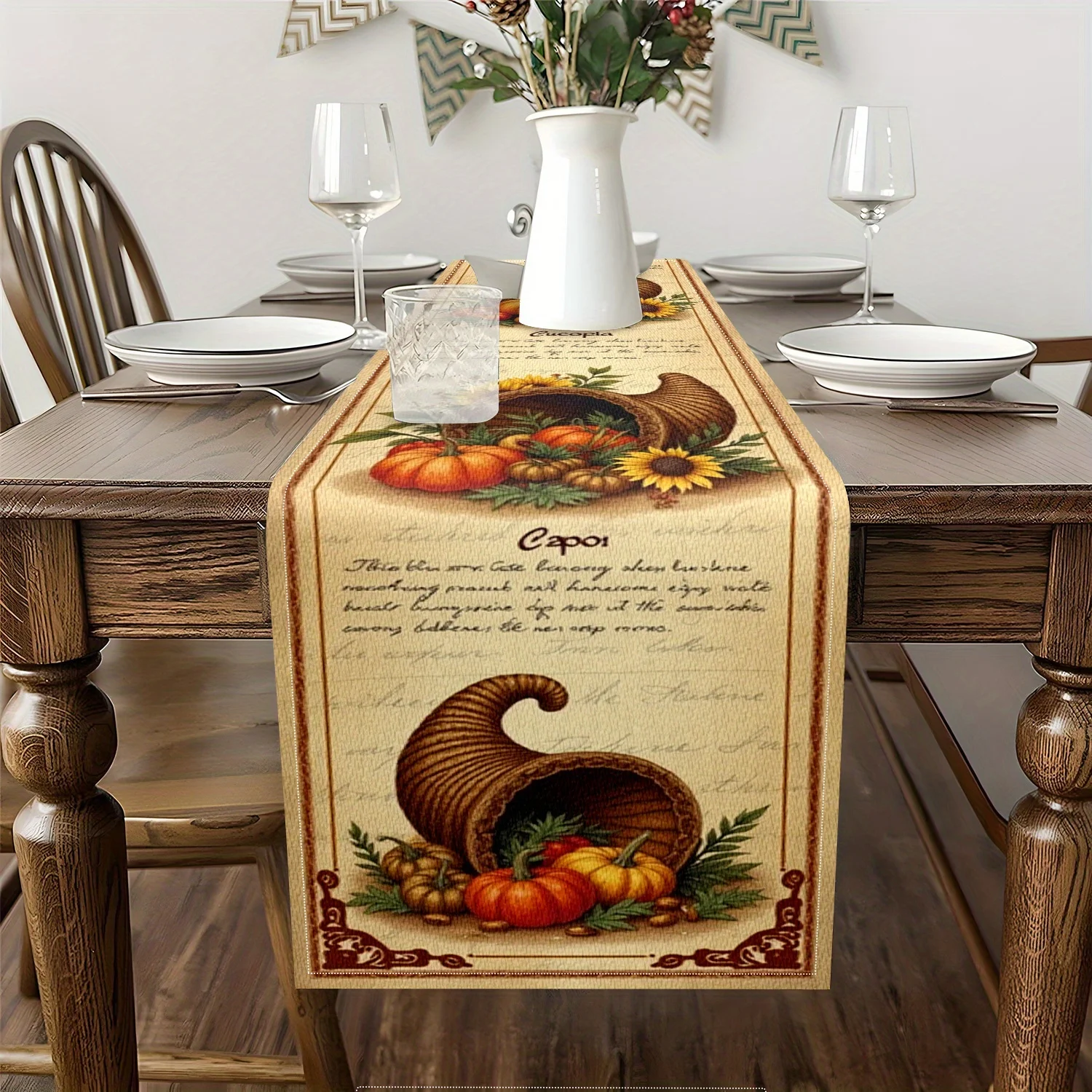 1 Piece Thanksgiving Table Flag - Autumn Harvest Art Pattern, Pumpkin, Sunflower and Leaf Decoration, Suitable for Restaurant, Home, Harvest Party, Pastoral Decoration, Market Display.