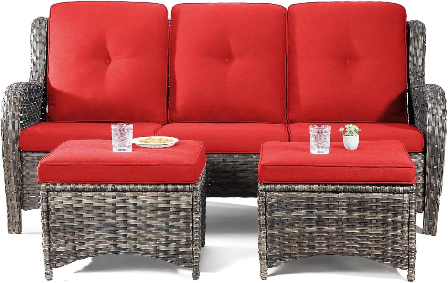 Patio Conversation Set - 3-Piece Wicker Patio Set, A 3-Seat Sofa and 2 Ottomans, Outdoor Wicker Patio Furniture, Cushions