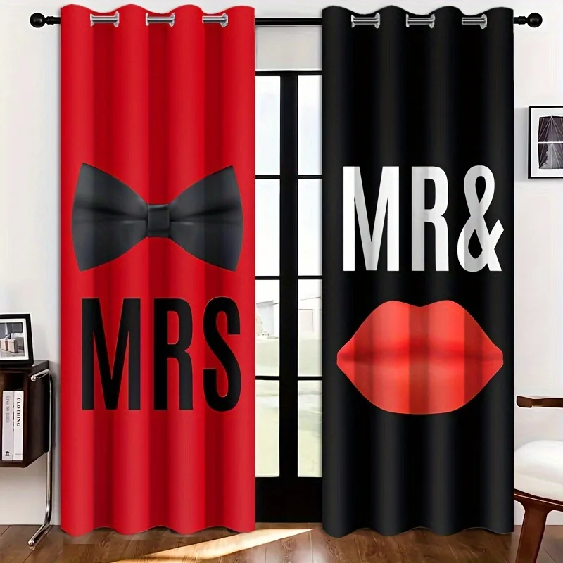 

2panels Black & Red Color-Blocked Background Curtains Couple Mr. Ladies Bow Lip Print Curtains Semi Blackout Window cortinas