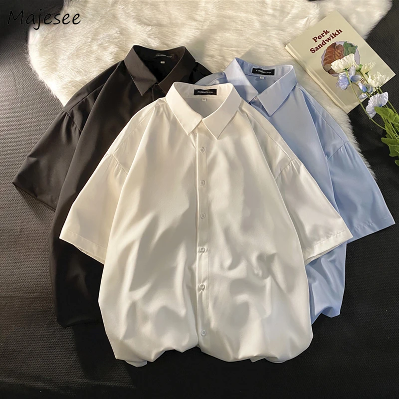 Shirts Men Solid All-match Preppy Style Ulzzang Simply Gentle Japanese Streetwear  Fashion Students Teens Male Clothes Summer