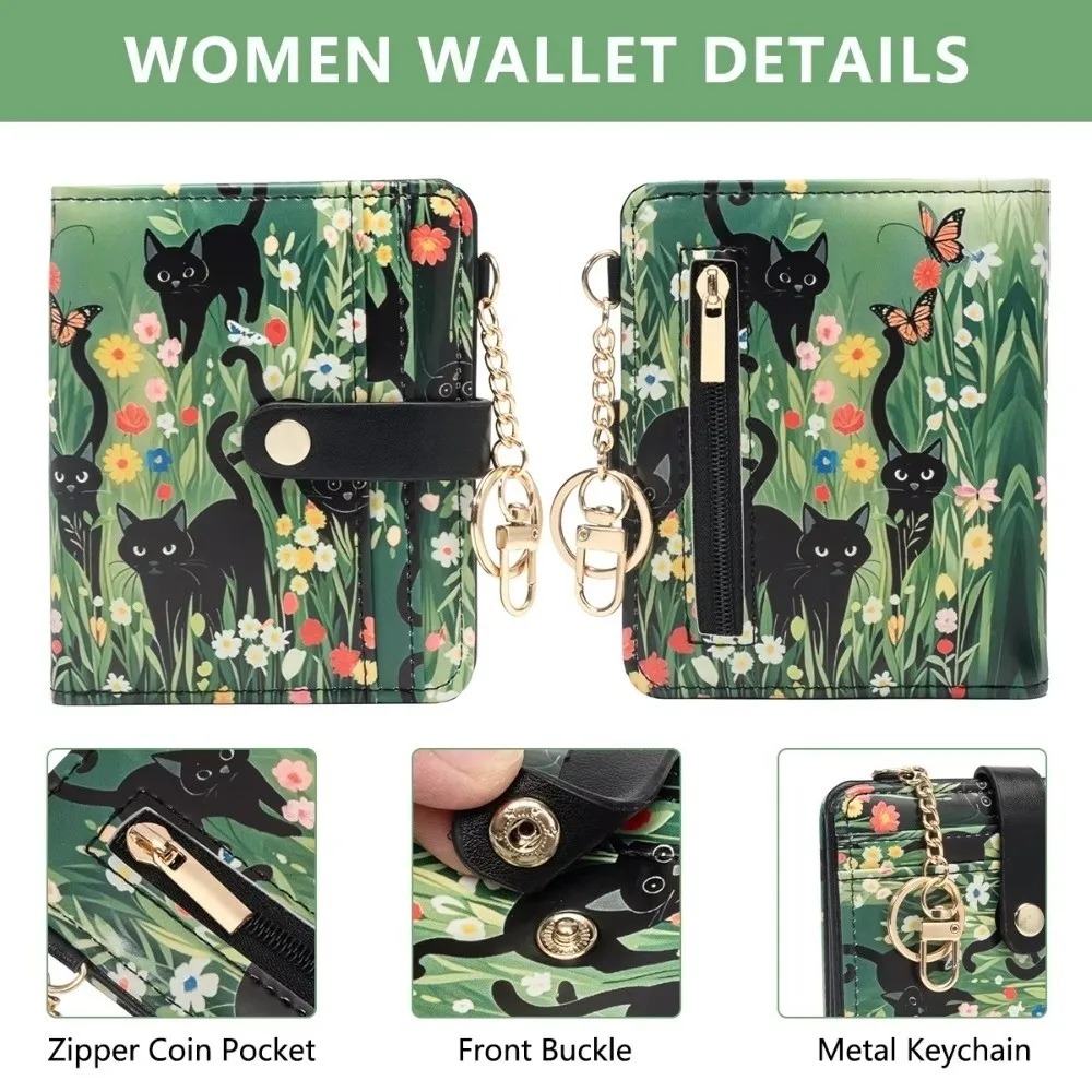 Cute RFID Card Holder PU Leather Black Cat Floral Women Wallet Ultra-Thin Multi-card Slot Coin Bag Daily Use