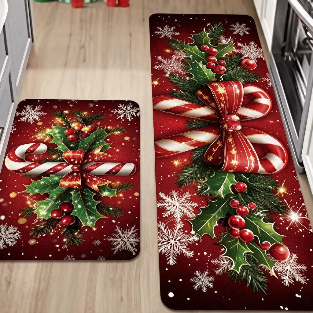 Christmas Kitchen Runner Rug with Santa Print Soft Plush Flannel Floor Mat Non Slip Absorbent for Kitchen Bathroom