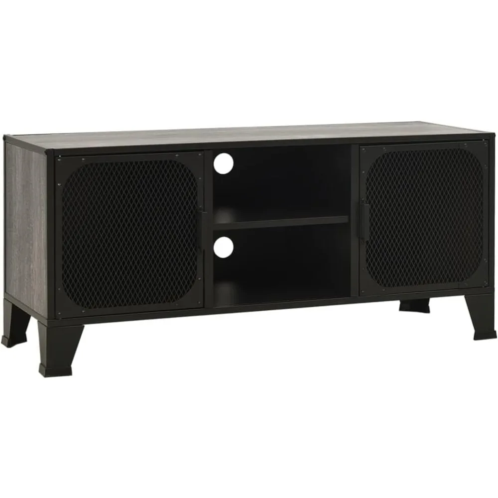 حامل تلفزيون رمادي 41.3 بوصة × 14.2 بوصة × 18.5 بوصة معدن وMDF، حامل تلفزيون معدني صناعي مع أبواب شبكية وحوامل تلفزيون لإدارة الكابلات، #2