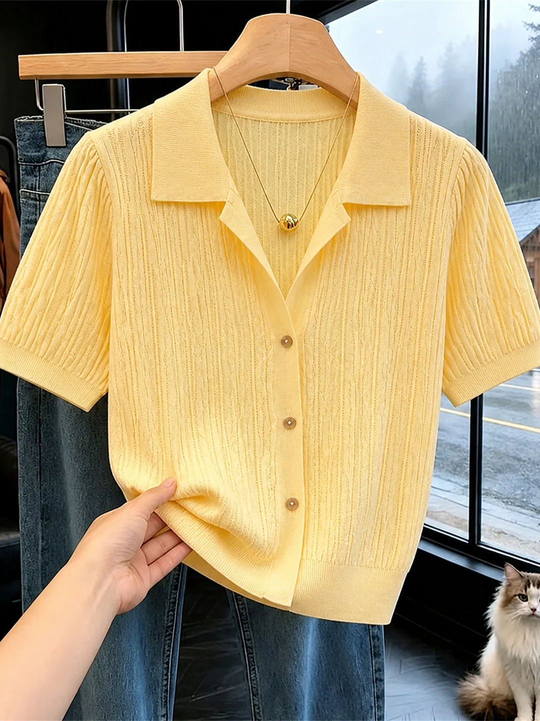 

Summer 2026 Women's Pure Color Knitted Open Cardigan Short Sleeve Single Button Fashionable Korean Style Straight Cut Silk Top