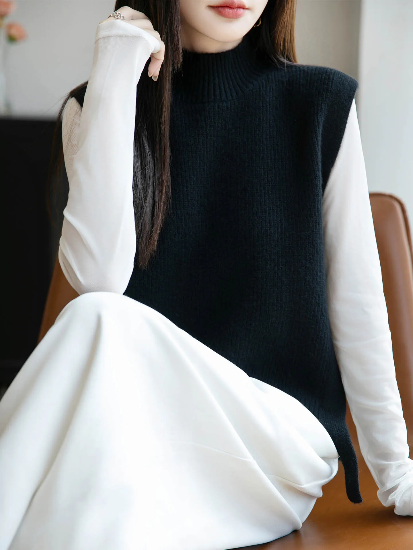 السيدات 100% ميرينو الصوف سترة دون أكمام شبه الياقة المدورة البلوز الخريف الشتاء متماسكة سترة الكشمير قاعدة بلون علوي