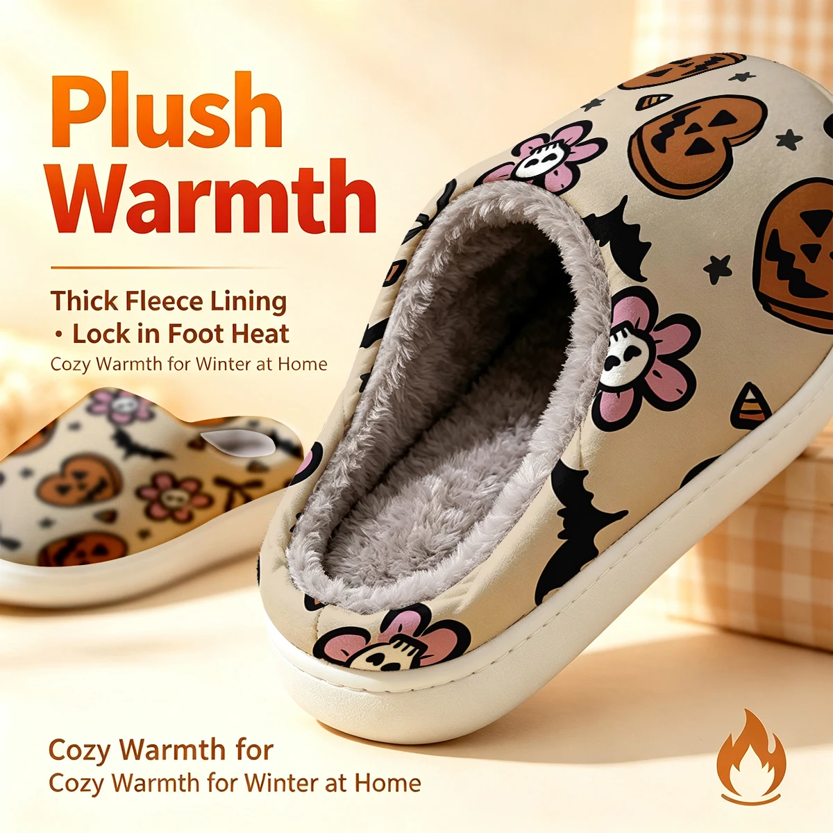 Halloween Hearts Christmas White Slippers Warm Plush Indoor Shoes Non-Slip Winter Slippers Family Holiday Gifts Soft